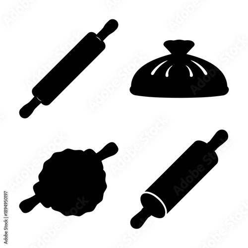 Baking and dumpling making icons: rolling pins and a traditional folded dumpling