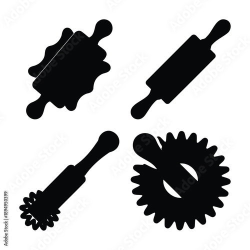 A collection of black silhouette baking tools including rolling pins and pastry cutters for culinary projects