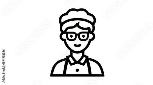 Simple line art icon of a service professional wearing glasses and a chef's hat or apron. Generic worker avatar.