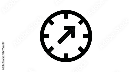 Black outline clock icon with arrow showing forward progress, speed, efficiency, and time management concept on white background.
