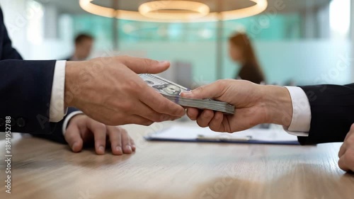 Witness money exchange between two individuals at an office. This video depicts a deal, highlighting themes of finance, business, and corruption. Set in a modern office with a man and a woman in backg