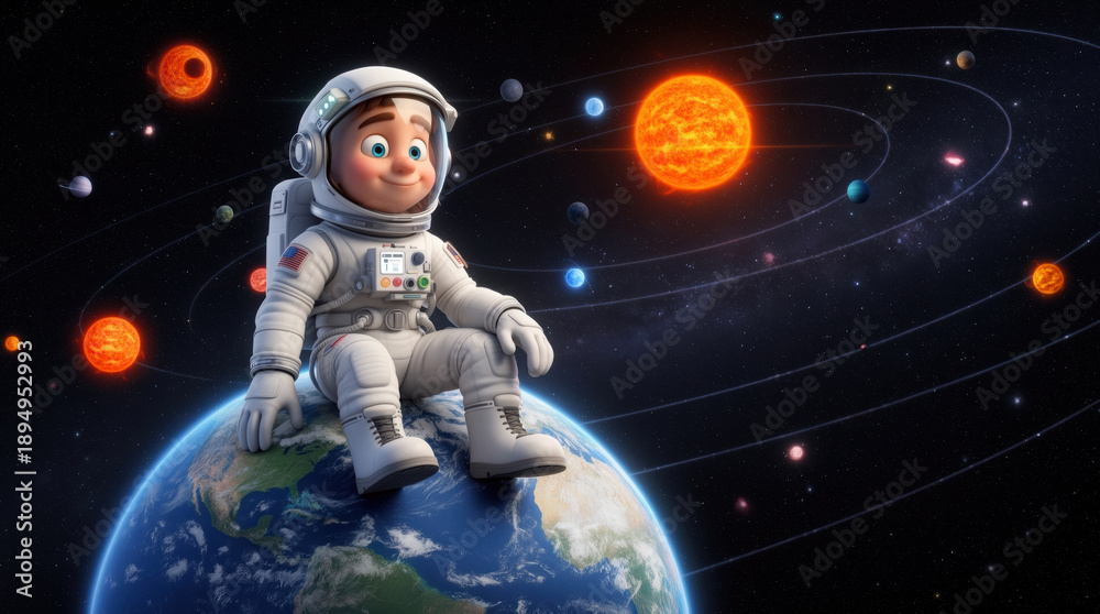 Naklejka premium 3D cartoon astronaut in white spacesuit perched on Earth, gazing at vibrant planetary system, embodying wonder and exploration
