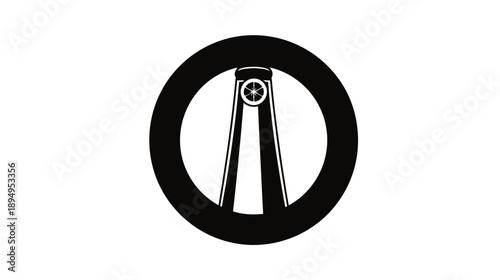 Stylized black and white tower or lighthouse beacon symbol with a star icon within a circular frame, modern abstract graphic