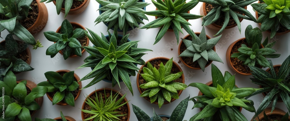 Fototapeta premium Overhead perspective of vibrant green houseplants arranged in pots on a white background
