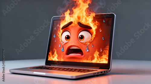 Cartoon Laptop Overheating with Flaming Screen and Sweating Water Droplets, Comic Style Stress Illustration, Technology Meltdown Concept