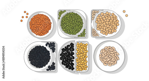 Illustration of various types of pulses and nuts, including lentils, chickpeas, and beans, arranged in bowls on a white background for World Pulses Day.