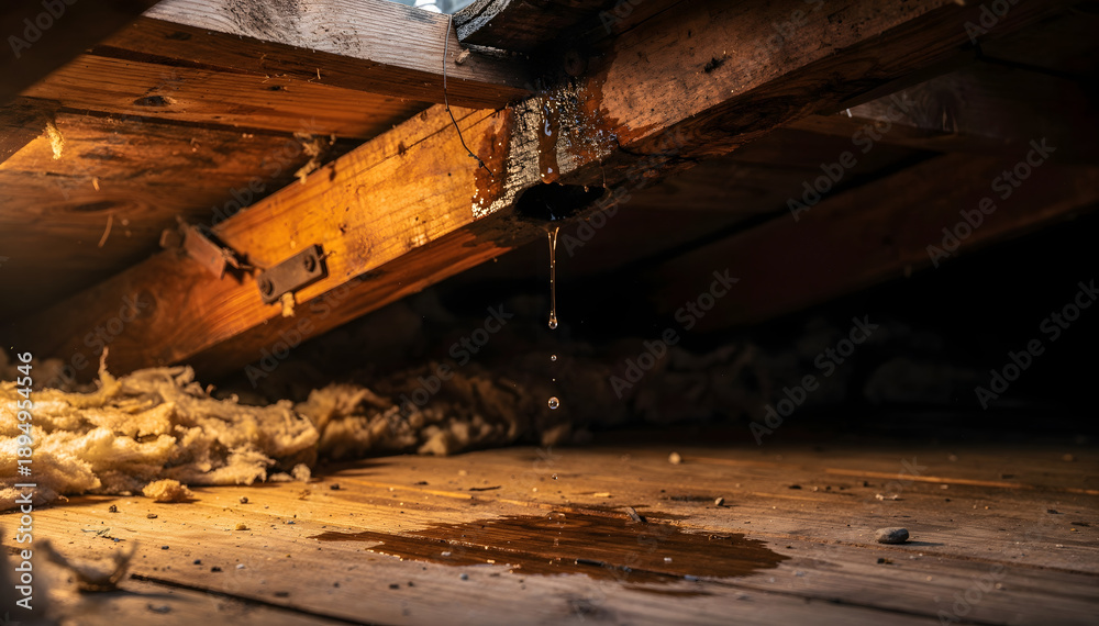 Fototapeta premium Moisture Intrusion: Water Leak in Attic Causing Damage to Insulation and Wood Structure, Home Maintenance Problem and Urgent Repair Needed (Commercial)