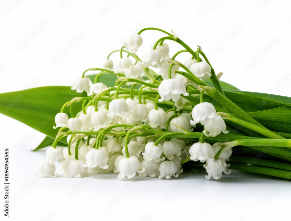 Obraz premium Elegant white lily of the valley bouquet with verdant stems, evoking serenity and refined natural beauty against crisp backdrop