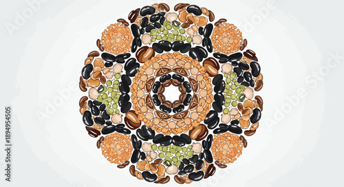 A colorful circular pattern composed of various nuts and legumes, including peanuts, almonds, and chickpeas, arranged in a symmetrical design against a white background with a mix of earthy