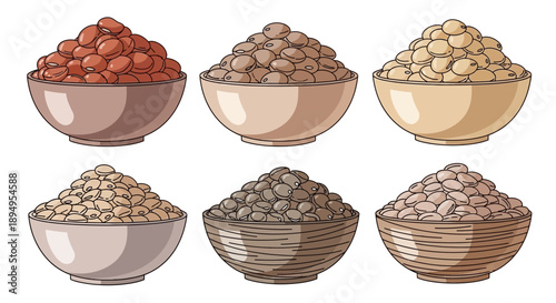 Illustration of various types of beans and nuts in bowls, including lentils, chickpeas, peanuts, almonds, cashews, and hazelnuts, against a clean white background.