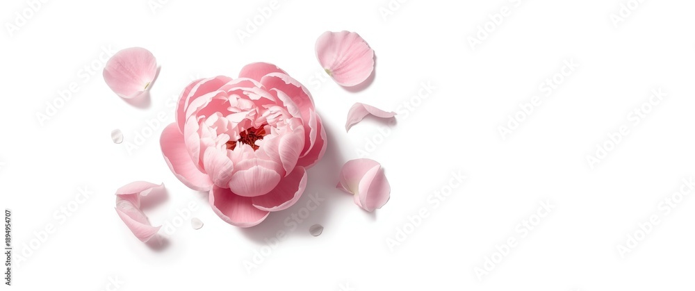 Fototapeta premium Isolated pink peony flower on white background featuring pattern, top view of peony bud, flat lay, and creative arrangement.