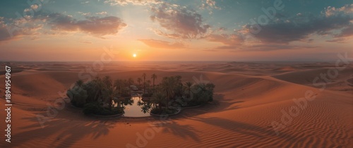 Panel kuchenny z motywem Sand desert oasis at sunset, picturesque sunset scene in the sand, sunrise over desert oasis, rendered image of desert sunset
