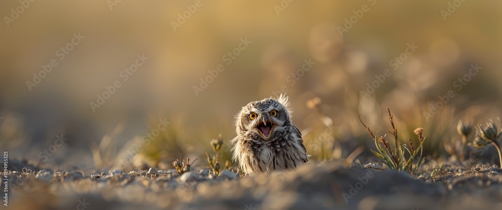 Obraz premium Yawning behavior of Burrowing Owl (Athene cunicularia)