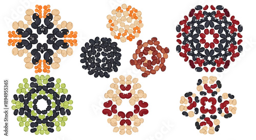 Colorful circular patterns made of various nuts and beans, including peanuts, almonds, and lentils, arranged in a collection against a plain white background.