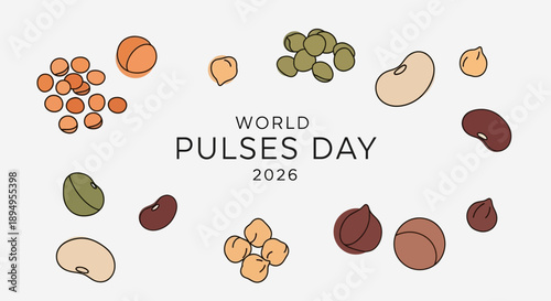 Illustration for World Pulses Day 2026 featuring various nuts and legumes in a colorful arrangement.
