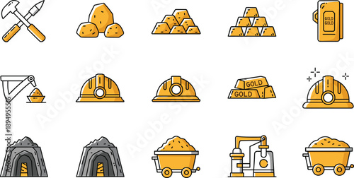 Gold Mining Icon Set with Tools, Helmets, Nuggets, Bars, Carts, and Underground Equipment for Industry, Extraction, and Resource Exploration Design