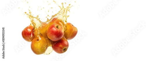 Fresh ripe apples with juice splashes isolated against white background