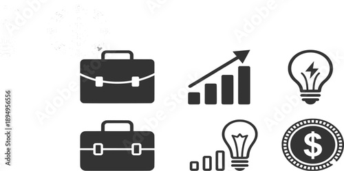 Business and Finance Vector Icon Set featuring Briefcase, Growth Chart, Lightbulb, and Dollar Coin.