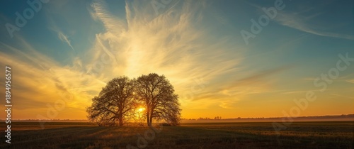 Sunset and sunrise over trees with yellow and blue sky in autumn