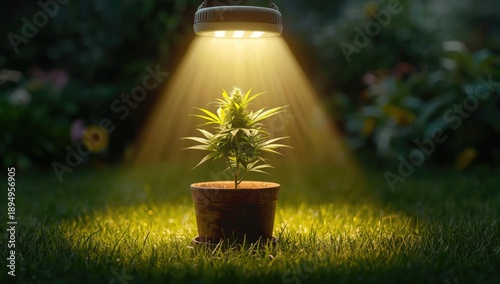 Cannabis seedling under LED grow light in a flower pot, highlighting indoor horticulture practices