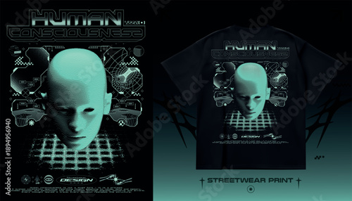 Retro-futurism 3D poster with human head and bitmap dither wave effect. Sci-fi wireframe print for streetwear