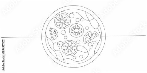 Line art illustration of a circular pizza with citrus fruit toppings