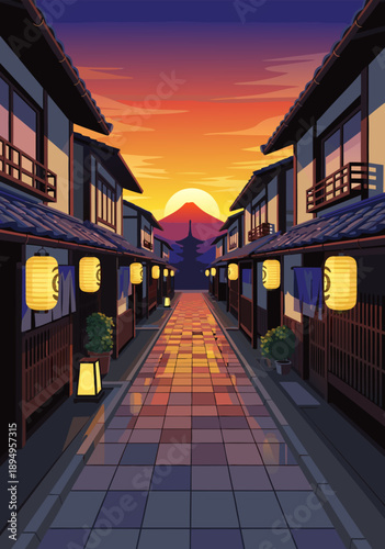 Traditional Japanese Street at Sunset Vector Illustration A Serene Evening Walk Through Historic Architecture with a Majestic Mountain Backdrop