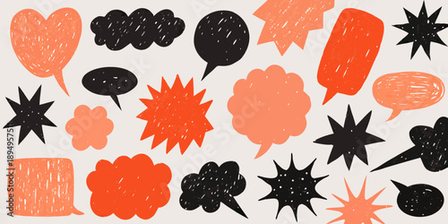 Abstract speech bubbles and heart shapes in black and orange tones