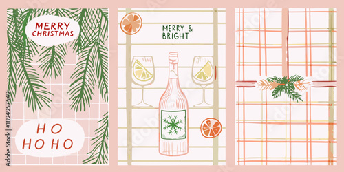 Festive christmas illustrations featuring foliage champagne and holiday greetings