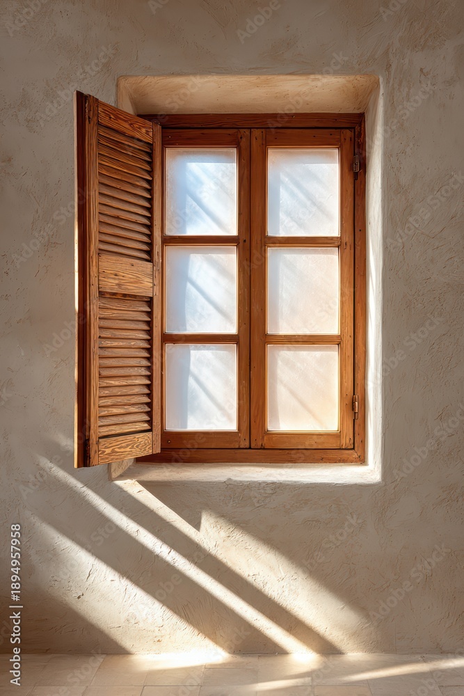 Obraz premium Sunlit wooden shuttered window casting shadows on textured wall in bright minimalist interior