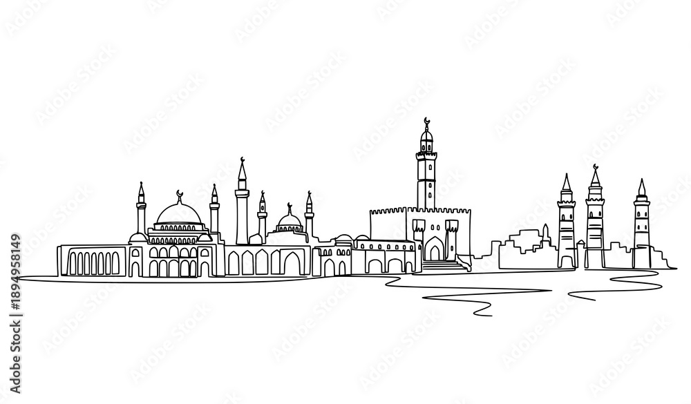 Obraz premium Syria city skyline continuous line vector illustration with historic landmarks