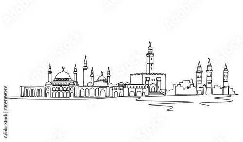 Syria city skyline continuous line vector illustration with historic landmarks