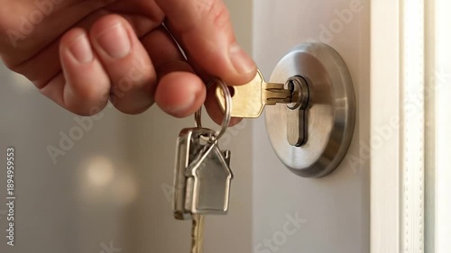 This video shows a key enter a lock in a door. The keychain has a small house on it. This could be used to illustrate themes of home ownership, moving, security, real estate, renting, and housing. Cou