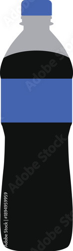 Plastic soda bottle icon with blue label and cap silhouette isolated on white background