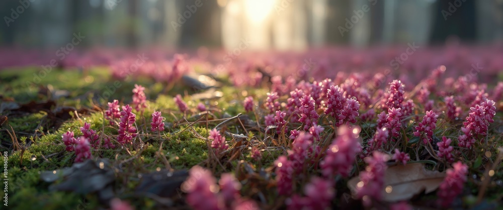 Obraz premium Morning sunrise over an evergreen forest with pink heather flowers blooming on the forest floor and morning haze, emphasizing environmental conservation in Finland