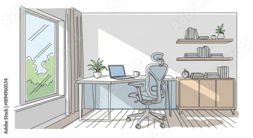 Modern Home Office Interior Design Sketch with Natural Light.
