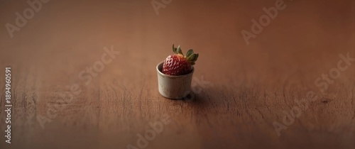 Little cup containing dried strawberry on wooden surface