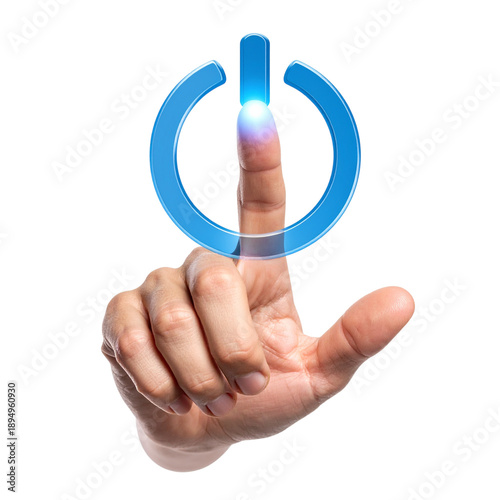 Finger Touching a Glowing Blue Power Button Symbol on Black Background pressing