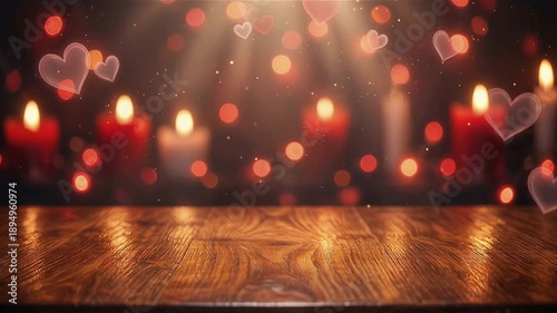 Empty Wooden Table with Heart Bokeh Lights, empty wooden table, heart bokeh lights, romantic tabletop scene, love themed backdrop, wooden surface copy space.