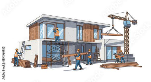 Modern House Construction Site with Workers and Crane.