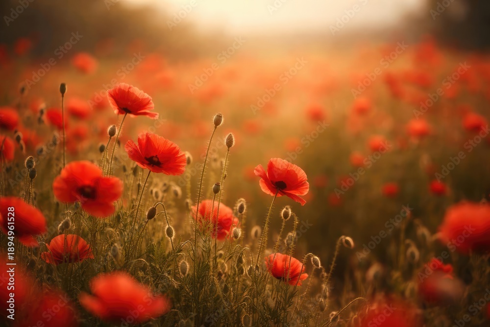 Fototapeta premium Shallow depth shot of summer poppy field with nostalgic effect and copy space area