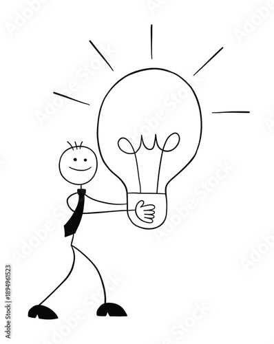 Stickman businessman character walking and carrying a light bulb idea, vector cartoon illustration