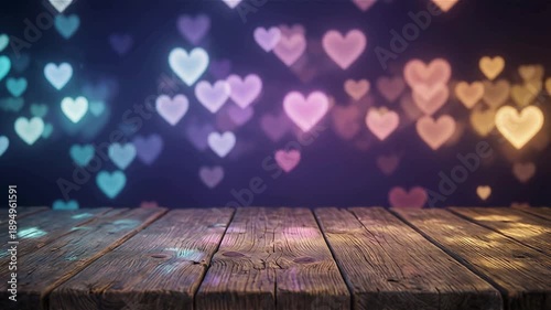 Empty Wooden Table with Heart Bokeh Lights, empty wooden table, heart bokeh lights, romantic tabletop scene, love themed backdrop, wooden surface copy space.