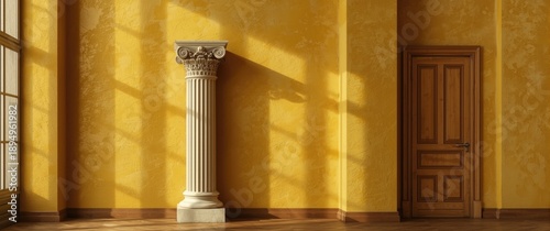 Column display depicted in low relief on yellow wall