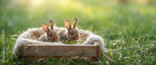 Green plant-eating rabbits inside a cage with hay