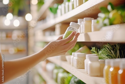 Person selecting health supplement from store shelf in organic grocery