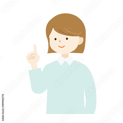 上を指差して横を見る女性の上半身イラスト　注目・誘導・ポイント