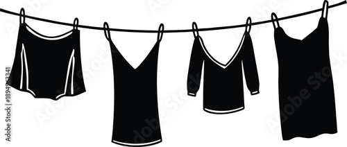 Clean clothes drying on a clothesline outside silhouette vector