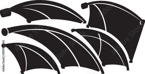 Black umbrellas in various positions on white background illustration