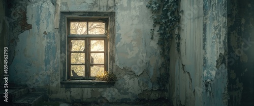 A worn-out window in a ruined structure